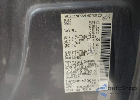 2016 Nissan Frontier Sv z USA, uszkodzony, nr VIN 1N6AD0FR5GN706485